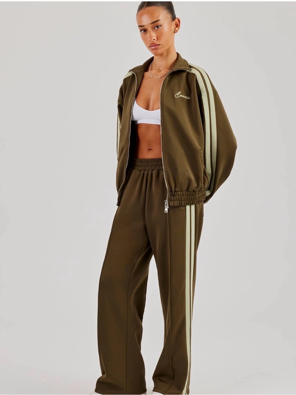 Cernucci Funnel Neck Taping Zip Through Tracksuit- Khaki. XS/Small